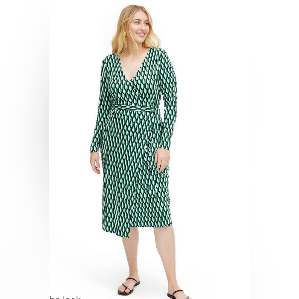 DVFxtarget Long-Sleeve Midi Arrow Geo Green Wrap Dress XS